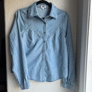 Dizzire Studded Chambray Western Button Down Cotton Shirt | Women's Medium